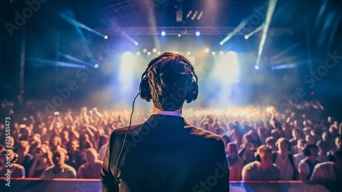 Back view of a motivational speaker performing on stage while wearing a headset. The Generative AI