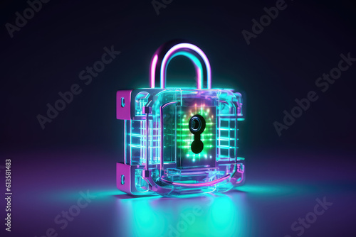 Padlock with keyhole on black background. Creative concept for internet security, encryption and personal data protection. Generative AI 3d render.
