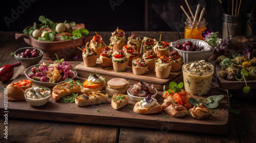 A tray of colorful and appetizing appetizers, including bruschetta, cheese skewers, and stuffed mushrooms