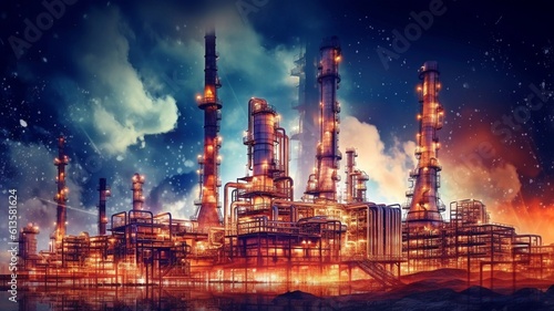 With double exposure artwork, an oil, gas, and petrochemical refinery factory demonstrates the future of power and the energy sector.The Generative AI