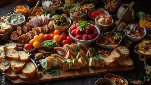 A tray of colorful and appetizing appetizers, including bruschetta, cheese skewers, and stuffed mushrooms