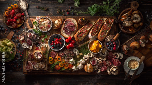 A tray of colorful and appetizing appetizers, including bruschetta, cheese skewers, and stuffed mushrooms © Milan