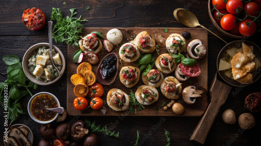 A tray of colorful and appetizing appetizers, including bruschetta, cheese skewers, and stuffed mushrooms A tray of colorful and appetizing appetizers, including bruschetta, cheese skewers, and stuffed mushrooms