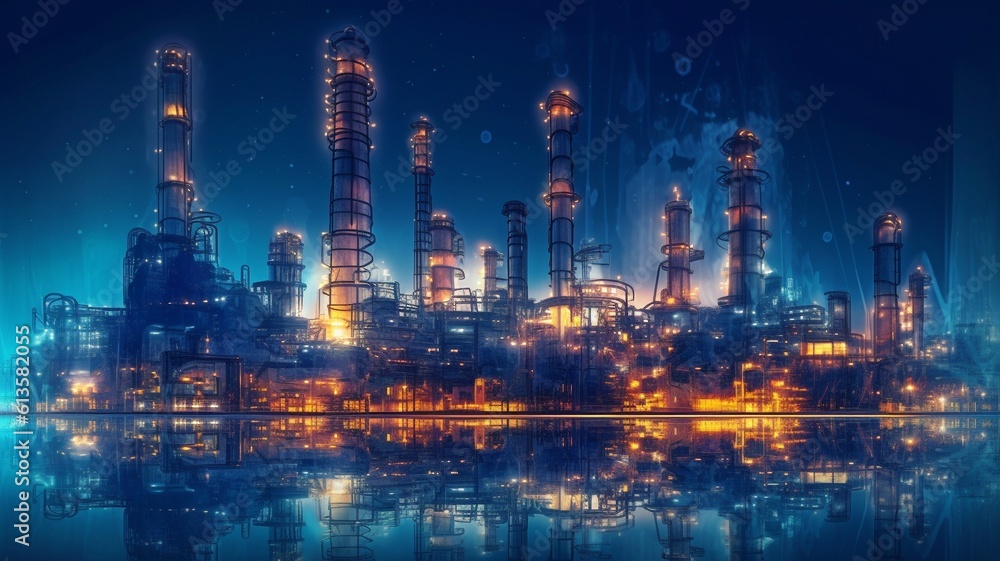 With double exposure artwork, an oil, gas, and petrochemical refinery factory demonstrates the future of power and the energy sector.The Generative AI