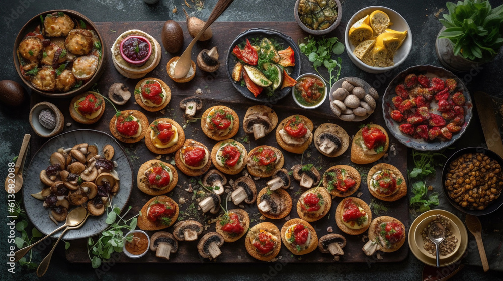 A tray of colorful and appetizing appetizers, including bruschetta, cheese skewers, and stuffed mushrooms A tray of colorful and appetizing appetizers, including bruschetta, cheese skewers, and stuffed mushrooms