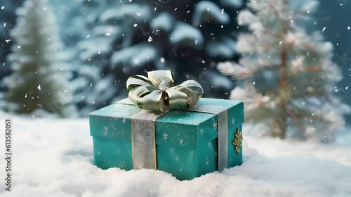 Close-up of a gift box on a snow-covered Christmas tree, Generative AI © Salsabila Ariadina