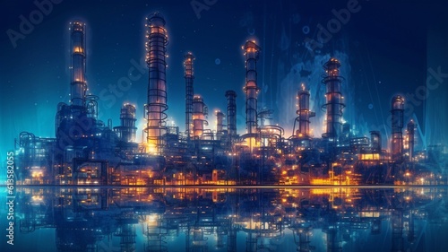 With double exposure artwork  an oil  gas  and petrochemical refinery factory demonstrates the future of power and the energy sector.The Generative AI