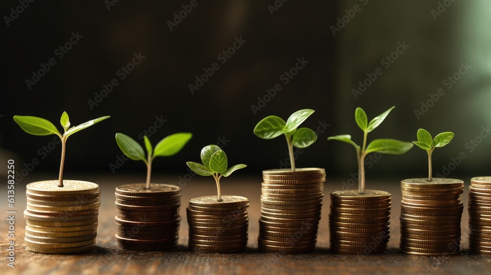 Coins with a plant growing. Generative AI Coins with a plant growing. Generative AI
