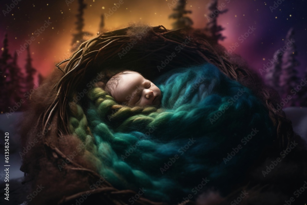 a baby wrapped in a wool blanket in a wooden net created with Generative AI technology