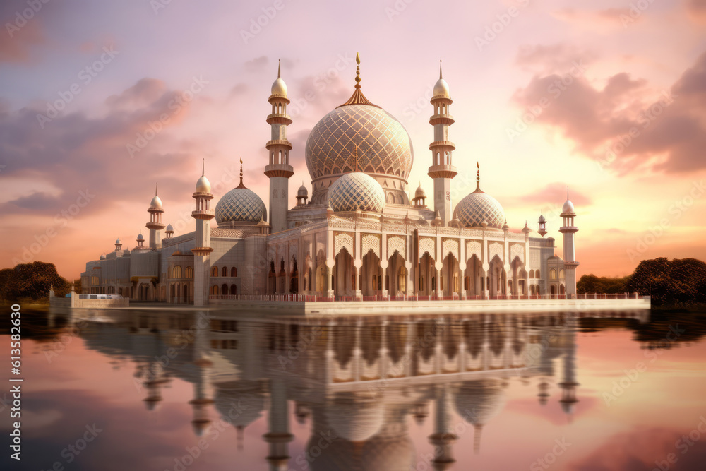 Exterior of a beautiful ornate muslim religious mosque at sunset. Generative ai