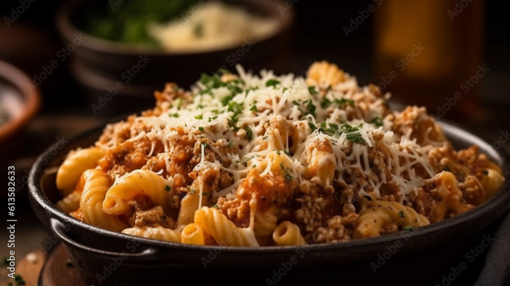 A bowl of steaming hot pasta, coated in a rich and flavorful sauce, garnished with grated cheese A bowl of steaming hot pasta, coated in a rich and flavorful sauce, garnished with grated cheese