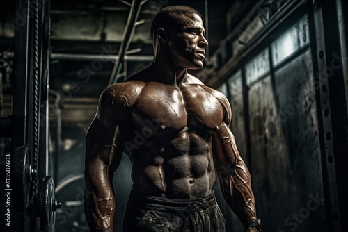 a strongly muscled man with dark skin color created with Generative AI technology