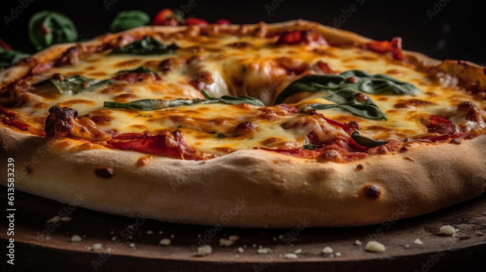 A close-up of a freshly baked pizza with bubbling cheese and a variety of toppings A close-up of a freshly baked pizza with bubbling cheese and a variety of toppings