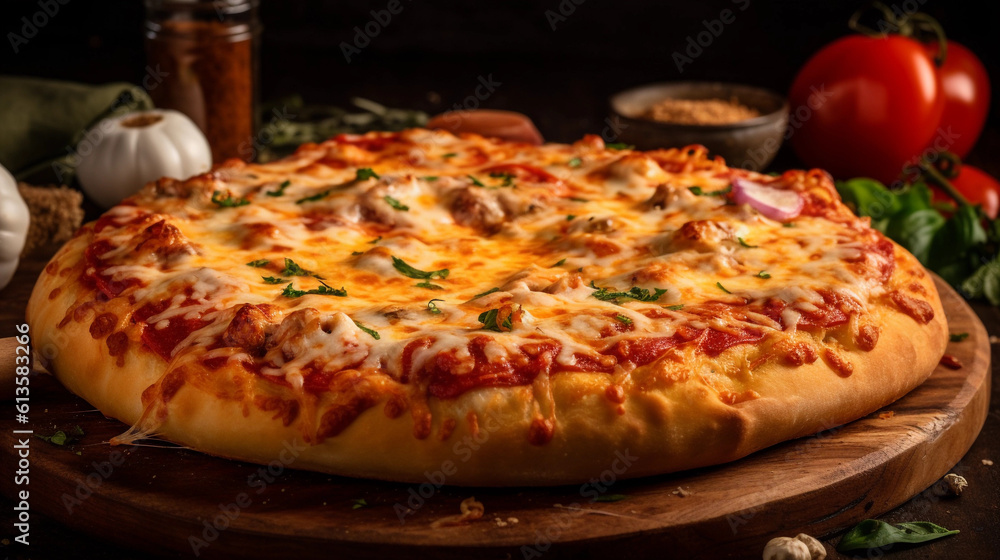 A close-up of a freshly baked pizza with bubbling cheese and a variety of toppings A close-up of a freshly baked pizza with bubbling cheese and a variety of toppings