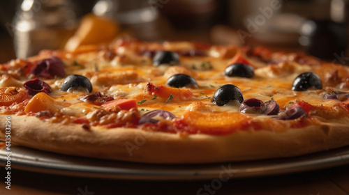 A close-up of a freshly baked pizza with bubbling cheese and a variety of toppings