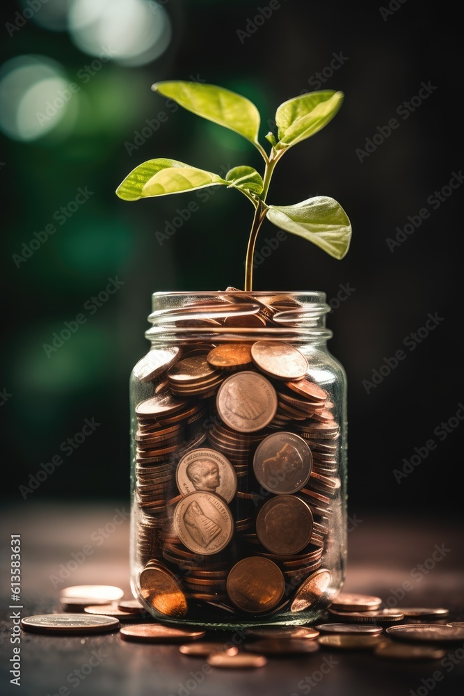Coins with a plant growing. Generative AI Coins with a plant growing. Generative AI