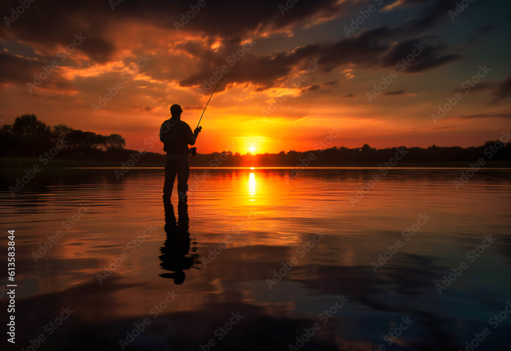 silhouette of person fishing at sunset