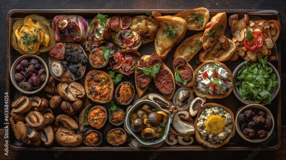 A tray of colorful and appetizing appetizers, including bruschetta, cheese skewers, and stuffed mushrooms A tray of colorful and appetizing appetizers, including bruschetta, cheese skewers, and stuffed mushrooms
