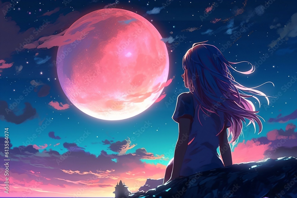anime girl sits on a rock and looks at the full moon created with Generative AI technology
