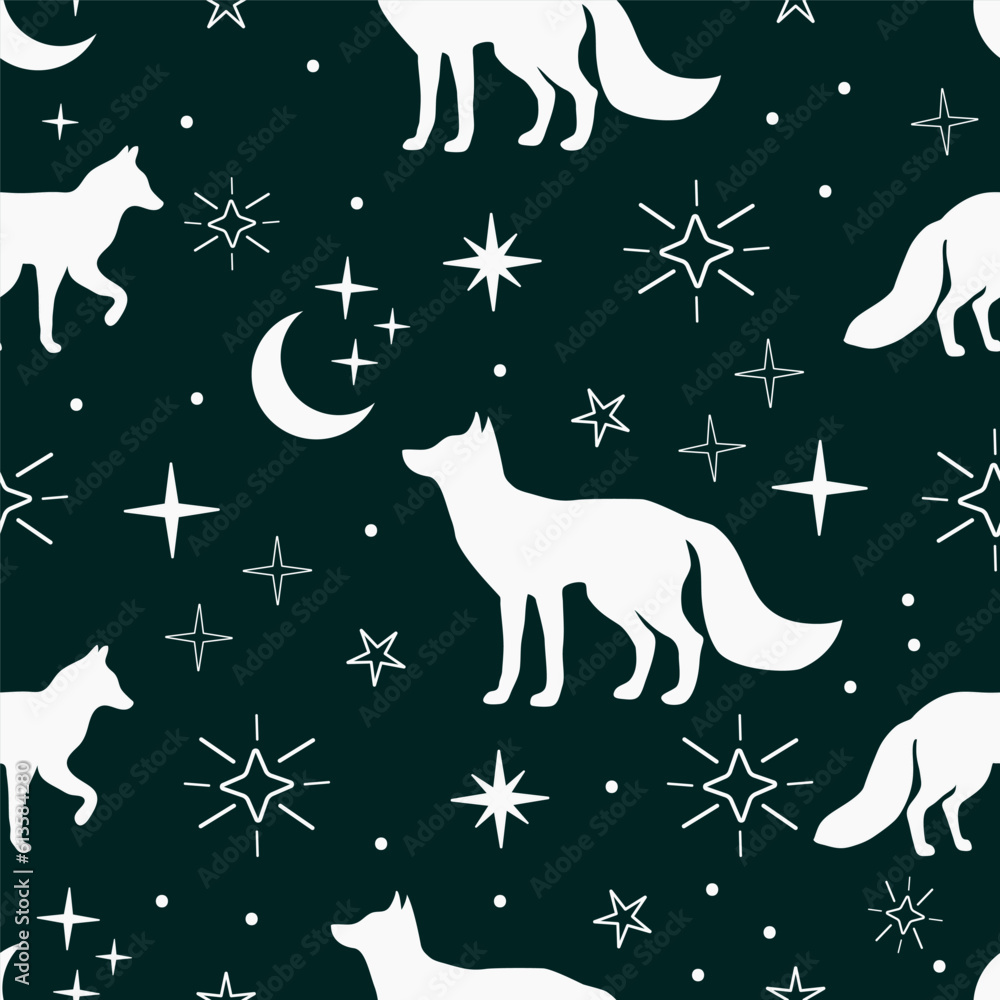 Fox and star silhouette, seamless pattern.Vector mystic magic animal silhouette illustration. Boho fox. Fox and star silhouette, seamless pattern.Vector mystic magic animal silhouette illustration. Boho fox.