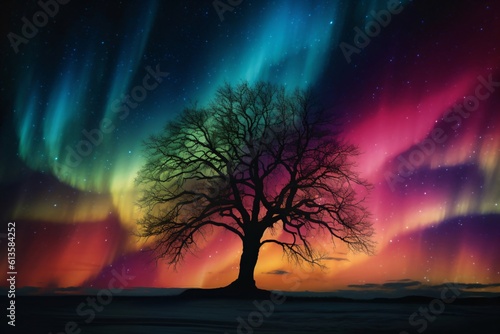 small tree in front of a sky shining in rainbow colors created with Generative AI technology