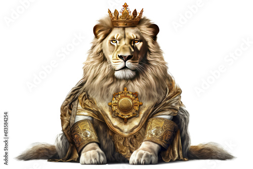 The Royal King graceful lion with luxury dress costume. Close up Portrait King lion with throne and crown isolated on white background. Generative AI.
