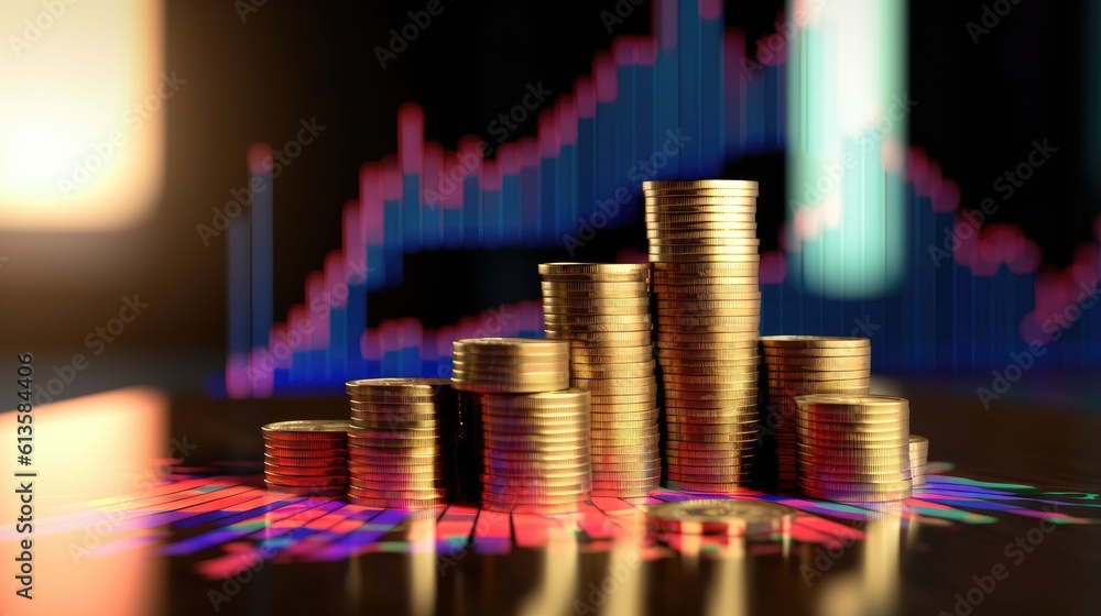 Rising stock graph and a stack of coins. Generative AI Rising stock graph and a stack of coins. Generative AI