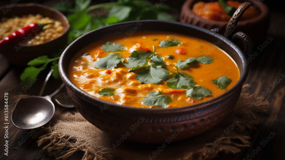 A bowl of comforting and fragrant curry, brimming with vegetables and aromatic spices A bowl of comforting and fragrant curry, brimming with vegetables and aromatic spices