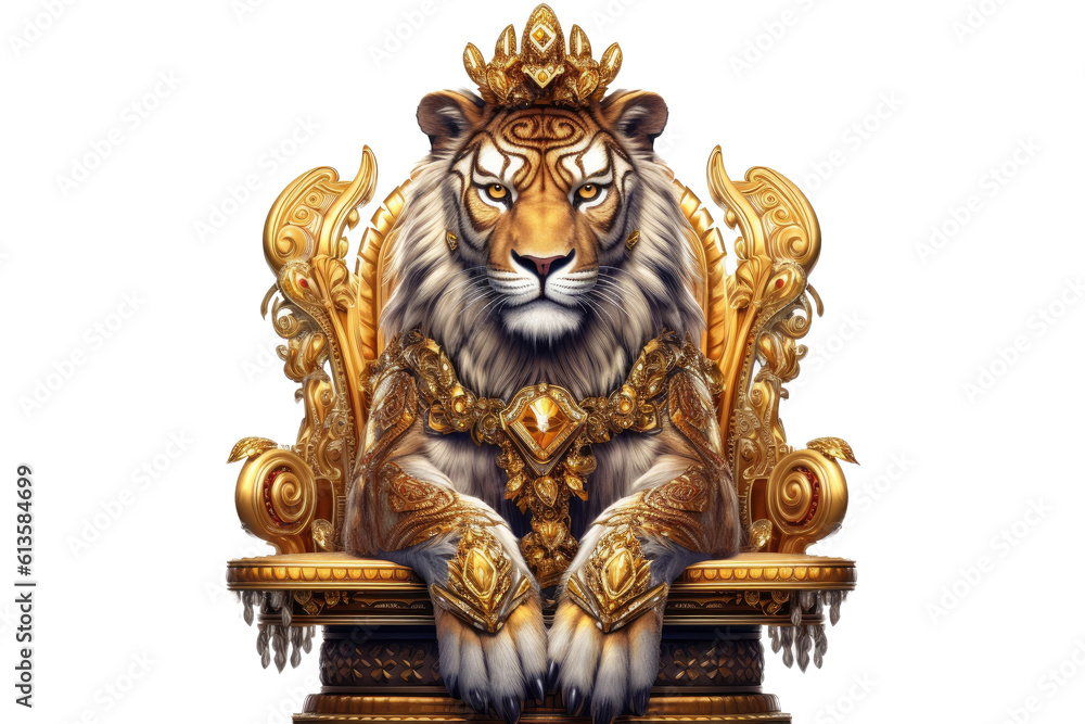 The Royal King Tiger gracefulness with luxury dress costume. Close up Portrait King Tiger with throne and crown isolated on white background. Generative AI.