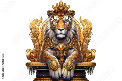 The Royal King Tiger gracefulness with luxury dress costume. Close up Portrait King Tiger with throne and crown isolated on white background. Generative AI.