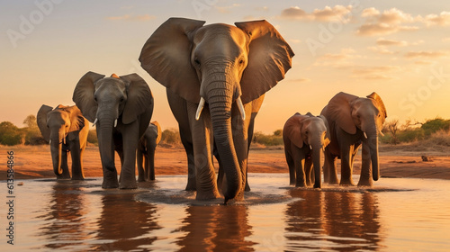 Elephant Family at the Watering in the african Savanna.