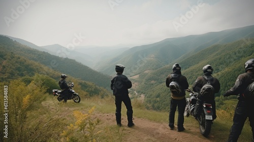 group of vintage riders perched on a cliff's edge with a stunning view of a mountain valley.The Generative AI