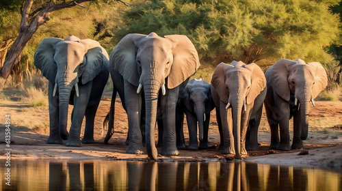 Elephant Family at the Watering in the african Savanna. © Victor