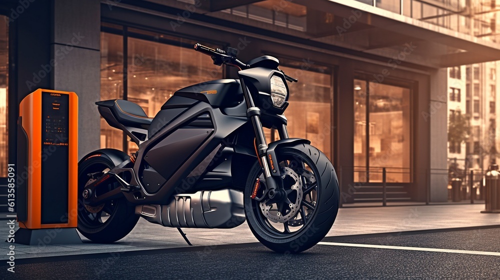 Electric motorcycle high-speed charging station with energy battery charging cable concept on city streets.The Generative AI