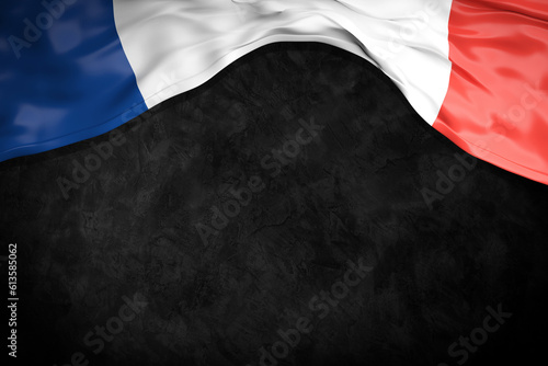 French flag on black abstract background. Plenty of space for individual text. Bastille Day. French Independence Day.
