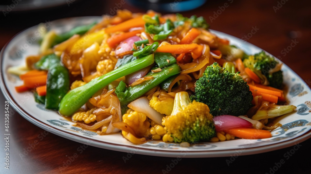 A plate of vibrant vegetable stir-fry, showcasing a medley of crisp and colorful vegetables A plate of vibrant vegetable stir-fry, showcasing a medley of crisp and colorful vegetables