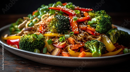 A plate of vibrant vegetable stir-fry, showcasing a medley of crisp and colorful vegetables