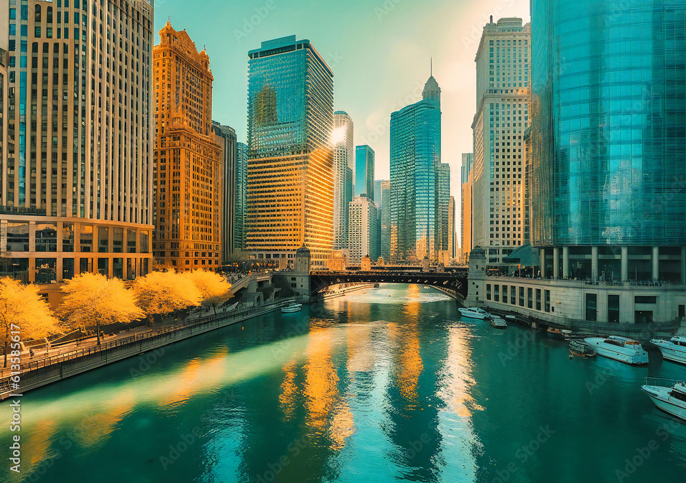 Fototapeta premium chicago river and buildings in the sky art print