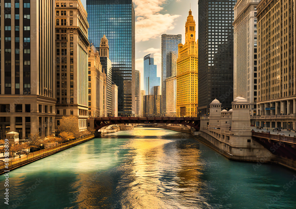 Fototapeta premium chicago river and buildings in the sky art print