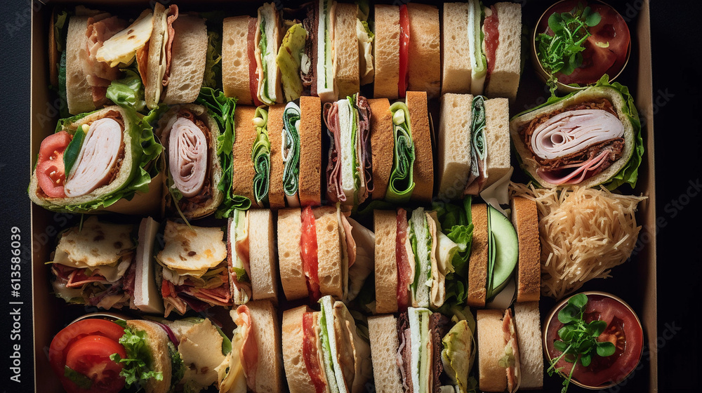 A tray of assorted sandwiches, including classics like club, BLT, and veggie, arranged for a picnic or party