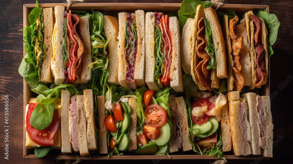 A tray of assorted sandwiches, including classics like club, BLT, and veggie, arranged for a picnic or party