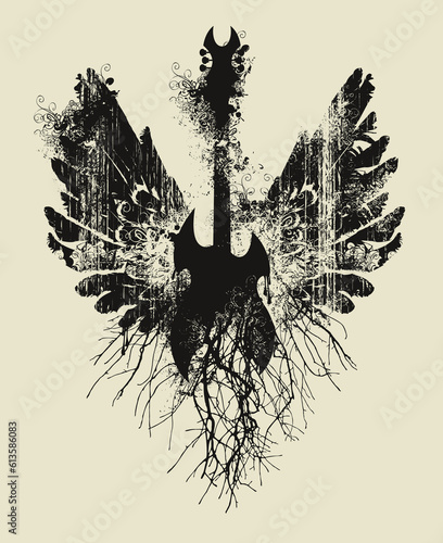 Vector illustration with an electric guitar and wings and tree roots with splashes and curls in grunge style