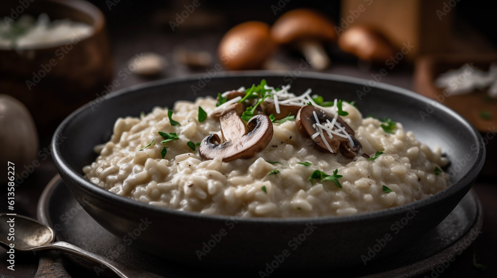 A bowl of creamy risotto, flavored with mushrooms, herbs, and a sprinkle of Parmesan cheese A bowl of creamy risotto, flavored with mushrooms, herbs, and a sprinkle of Parmesan cheese
