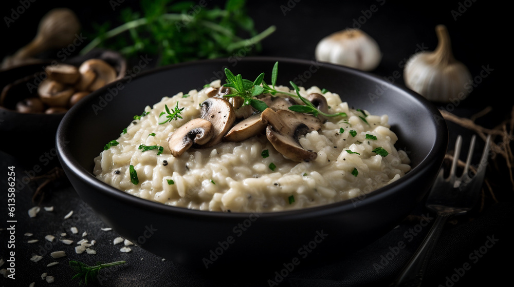 A bowl of creamy risotto, flavored with mushrooms, herbs, and a sprinkle of Parmesan cheese