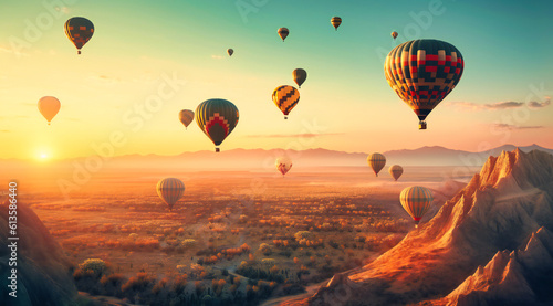 many ballooned hot air balloons flying over a valley at sunset