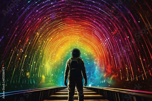 illustration of an astronaut in front of a colorful arch of lights created with Generative AI technology