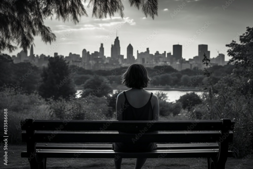 black and white illustration of a young woman sitting on a park bench ...
