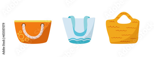 Summer beach bags. Vacation at the sea. Fashionable female handbags for going to beach, walking, recreation, vacation, traveling. Canvas, fabric, knitted shoppers. Vector illustration 