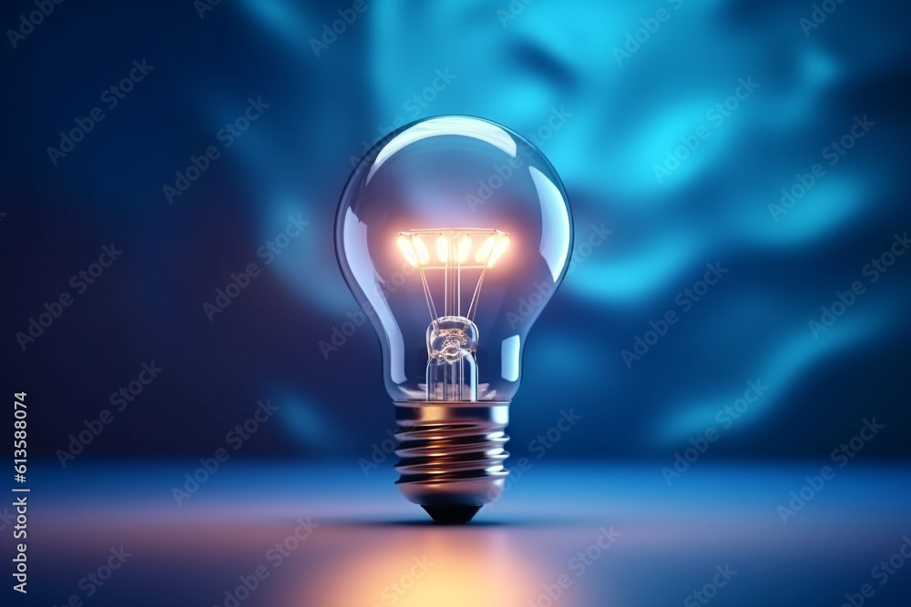 One creative light bulb glowing on blue background with copy space Generative AI One creative light bulb glowing on blue background with copy space Generative AI