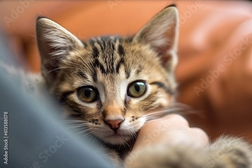 Close up of cute kitten on a lap Generative AI © cn0ra